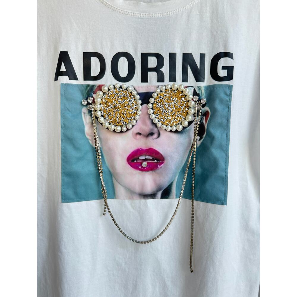 Fashion Nova “Adoring” Embellished T-Shirt Dress White Rhinestones Pearl S/M NWT